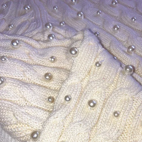BOSTON PROPER WHITE PEARL ACCENTED CABLE KNIT V-NECK SWEATER XS - Picture 8 of 15